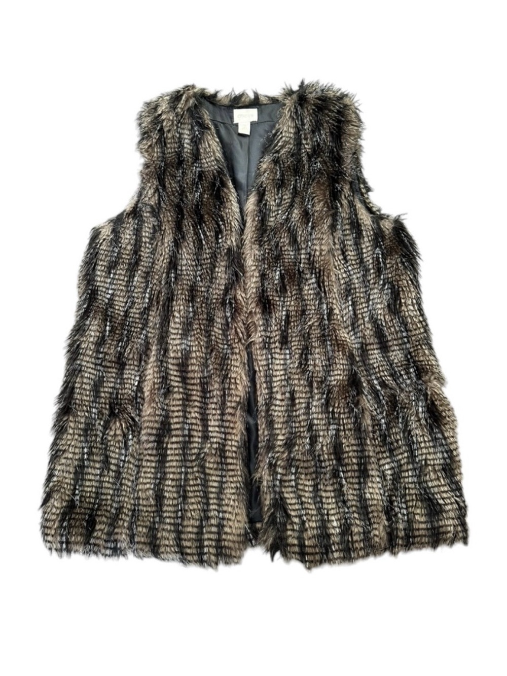 Chico’s Faux Fur Luxe Plush Vest Size 2 US L/XL Brown Black Soft Open Front EUC